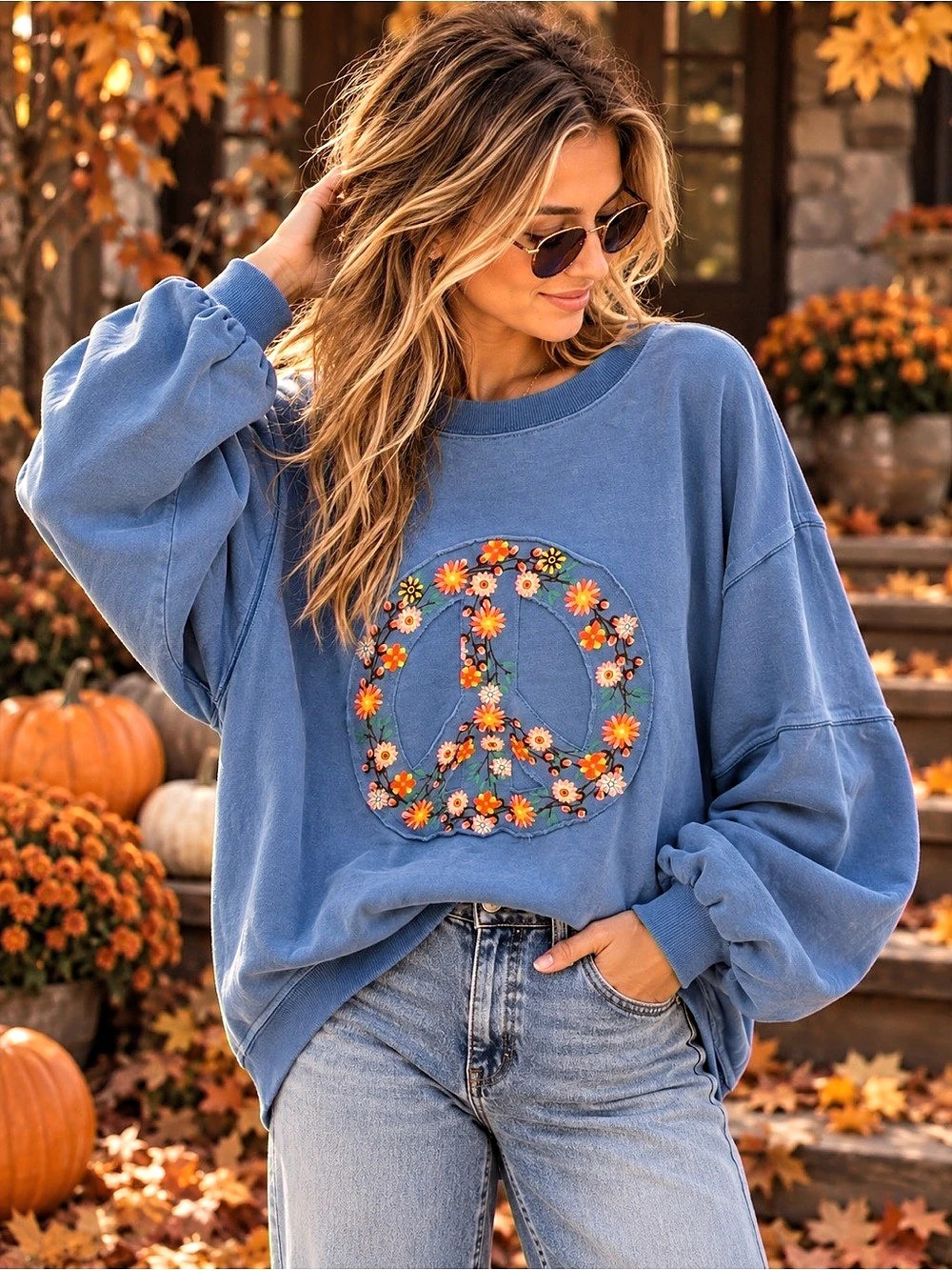 Easel Oversized Peace Graphic Sweatshirt in Blue XL Like New